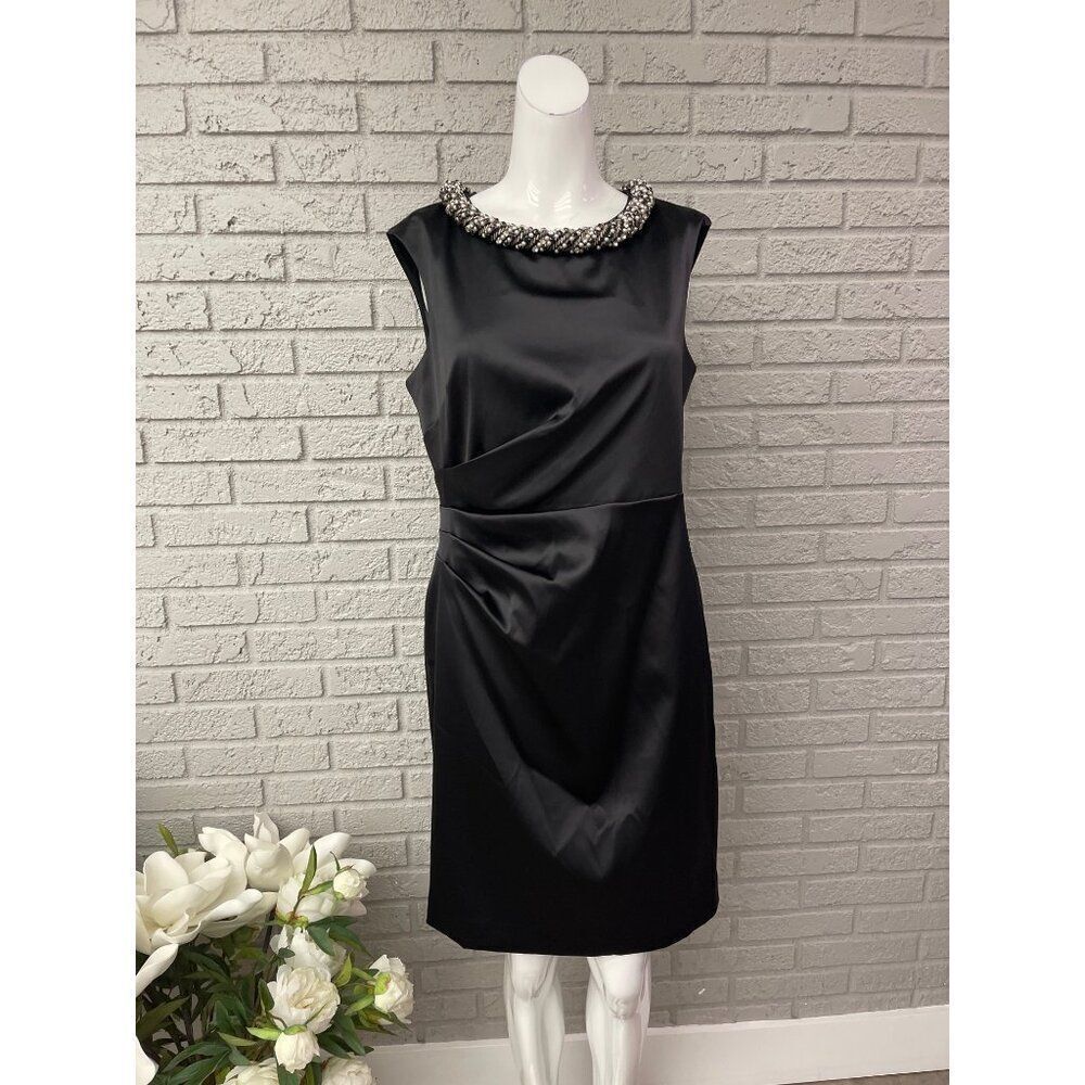 Eliza J Women Black Satin Embellished Neckline Side Ruched Sheath Dress Size 10